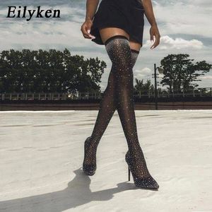 Bottes Eilyken Fashion Runway Crystal Stretch Tissu Chaussette Sur-le-genou Botte Cuisse Haute Bout Pointu Femme Talon Aiguille Chaussures 231123