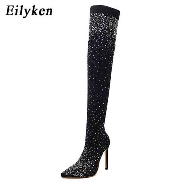 Botas Eilyken Fashion Runway Crystal Stretch Fabric Sock Over the Knee Boot Muslo Punta alta Mujer Zapatos de tacón de aguja 220913