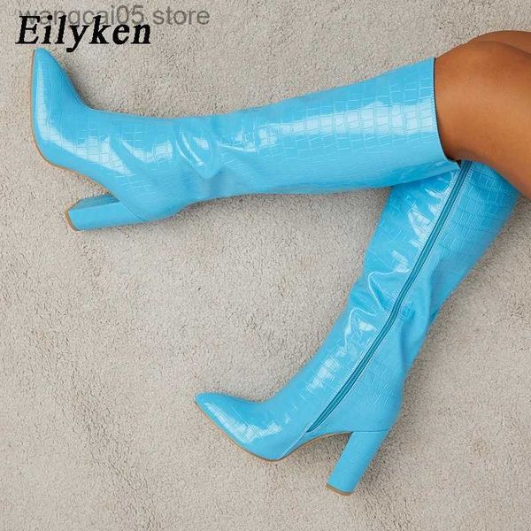 Botas Eilyken Moda Mujer Botas hasta la rodilla Alta calidad Punta estrecha Cremallera Patrón de serpiente Tacones gruesos Botines Tamaño grande 41 42 T230713