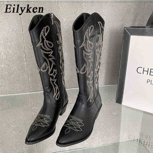 Laarzen eilyken nieuwe knie high laarzen westerse cowboylaarzen voor vrouwen winter puntige teen dikke hoge hakken vrouwelijke laars fashion schoenen vrouw 220913