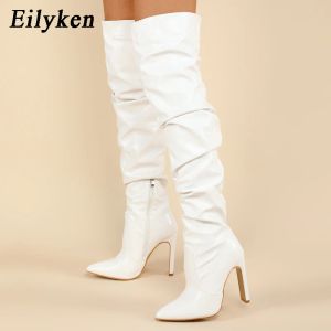 Botas Eilyken Retro Winter Women Long Knee Boots Plisado Classic Square High Heel Zapatos de tacón Sexy Party Club Night Club Footwear