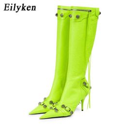 Eilyken hiver or argent concepteur femmes genou talons hauts bottes Punk bout pointu moto Sexy longue rétro Zapatos mujer