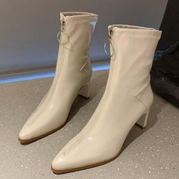 Botas elegantes todas las mujeres Mujeres Confort de cuero zapatos de cuero tacones gruesos Lady tobillo puntiagudo