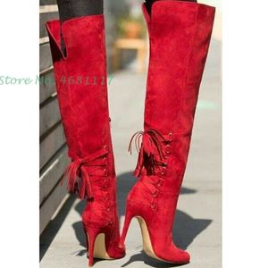 Bottes élégantes genou haut dos dentelle bout pointu daim cuir gladiateur rouge Long talon femmes mode chaussures habillées