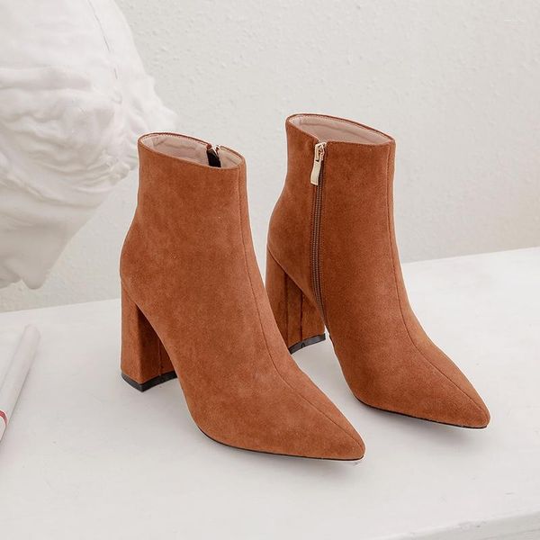 Botas elegantes para mujer, tobillo, bloque Beige, tacones altos, calcetín, punta estrecha, cremallera gruesa, zapatos de fiesta de otoño e invierno para mujer