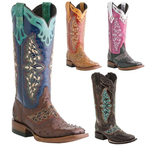 Botas Botas de vaquero con flores bordadas para mujer, mezcla hasta la rodilla, coloridas, a la moda, botas altas, zapatos informales con punta estrecha, bota de tacón grueso 230403