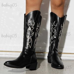 Bottes Bottes de Cowboy noires brodées pour femmes, bottes occidentales en cuir Pu à talons épais, chaussures de Cowgirl rétro, automne 2023, T231124