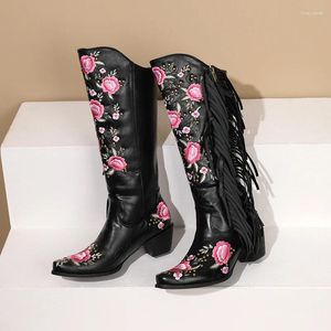 Bottes Boots Florière Floriage de style ethnique Pilater avec des talons épais effilés et une fermeture éclair intérieure en peluche pour la longueur du genou pour femmes