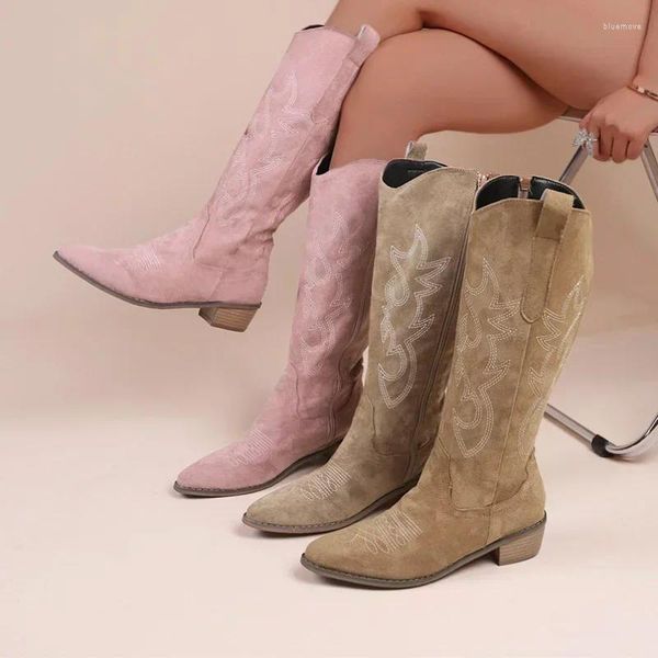 Botas bordadas de vaquero occidental para Mujer, Otoño, punta estrecha, tacón grueso, rodilla alta, Botas largas holgadas de cuero PU para Mujer