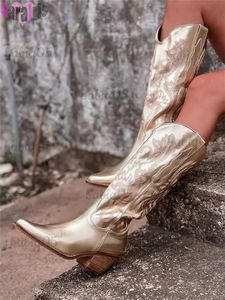 Bottes Brodées Western Cowboy femmes bottes mi-mollet talon moyen talon épais bout pointu chaussures femme brillant rétro classique botte Pull-On T231121