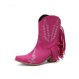 Laarzen Borduren Botas Mujer Kunstleer Cowboy Enkellaarsjes voor Dames 6 cm Hoge Hak Laarzen Print Westerse Cowgirl Laarzen 43 230803