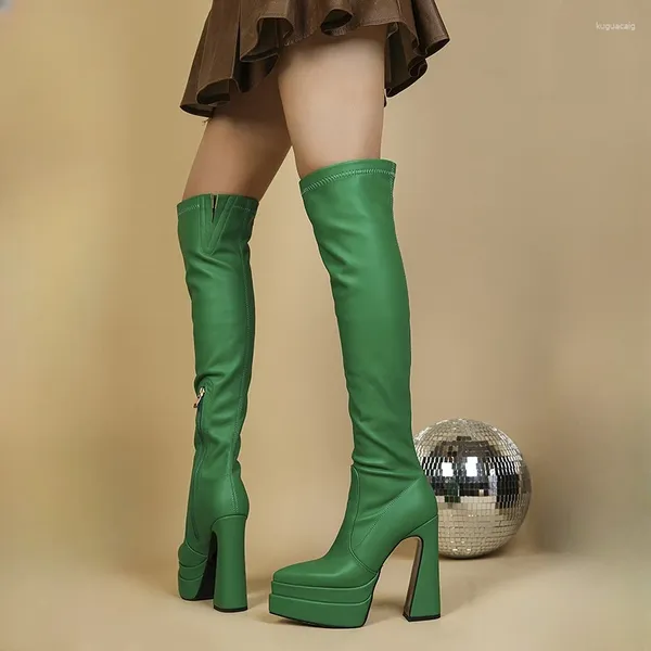 Boots Emerald Green Imperping Platform sur le genou européen américain long talons hauts Chaussures pour femmes pour l'automne hiver 2024