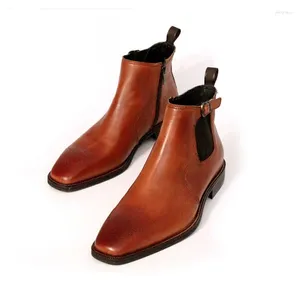 Botas Inglaterra hecha a mano de alta calidad de cuero de alta calidad Vintage Cabeza cuadrada tallada Brown tobillo Diseño de caballeros 44 45