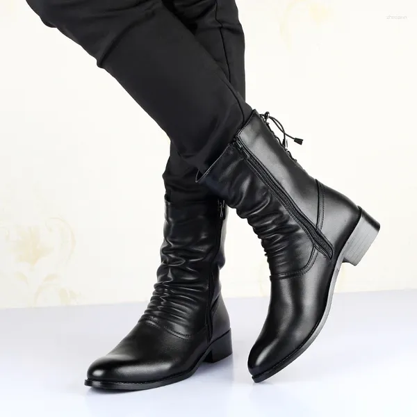 Botas Inglaterra Estilo Ocio de los hombres Cuero genuino Negro Zapatos de vaquero al aire libre Caballero joven Bota larga Zapatos Hombre Bota alta