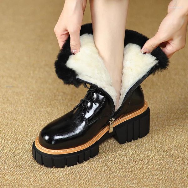 Botas ENMAYER Tamaño grande 34-42 Mujeres Tobillo Cuero real Piel de felpa Zapatos cálidos Mujer Moda de invierno Ins Diario Damas Calzado Nieve