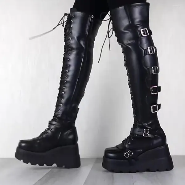 Bottes Inmayer Femme haute plate-forme de plate-forme de cuisse boucle de mode punk talons femmes cosplay cales chaussures femme