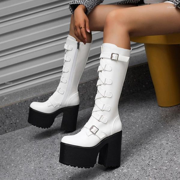 Bottes Enmayerboucle tête ronde dentelle fermeture éclair moto Punk discothèque mi-mollet rue femmes bottes semelle épaisse plate-forme chaussures