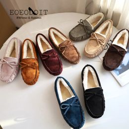 Boots eoeodoit bowknot décor coton mocassins chaussures en peluche plates plates femmes plus taille mobile d'hiver talon plate chaussures de neige chaude