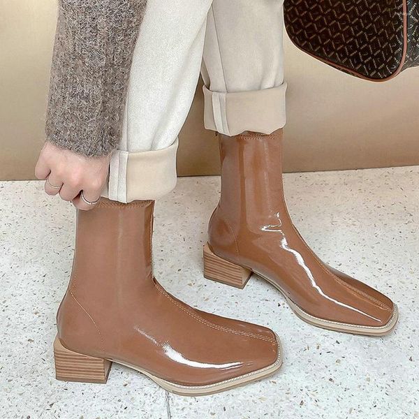 Bottes EshtonShero Femmes Chaussures Cheville En Cuir Verni Fermeture Éclair Carré Talon Haut Bout Décontracté Mode Blanc Feetwear