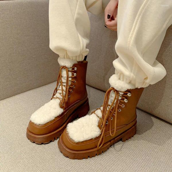 Bottes EshtonShero Femmes Neige Véritable Cuir Med Talon Fourrure Chaud À Lacets Femme Chaussures Hiver Mode Cheville Chaussures Pour Dames