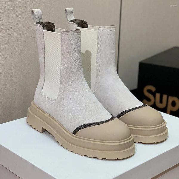 Bottes Est Cheville Vache Daim Véritable Cuir Femmes Chaussures Bout Rond Couleurs Mélangées Confort Tendance Chaîne Perle Zapatos Para Mujeres