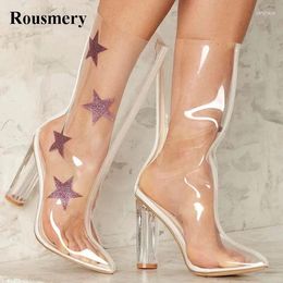 Boots EST Women Fashion pointu Toe Transparent PVC Mid-Calf Talon épais Stars Charmantes Imprimé Crystal court