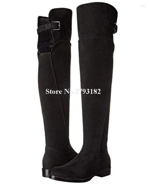 Bottes Est Femmes Bout Rond Noir Daim Sur Genou Boucles Plates Conception Longue Moto Grande Taille