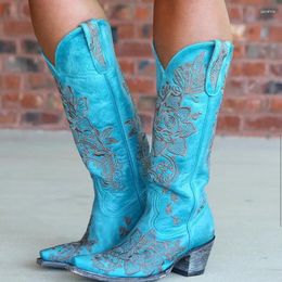 Laarzen etnische Boheemse Emboider cowboy westerse laarsjes puntige teen brede kalveren dikke hakken plus maat 44 vrouwen winter knie hoog