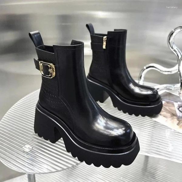Boots European American Color Couleur Mid Sleeve 2024 Automne épaisse semelle polyvalente pour femmes chaussures de plate-forme noire