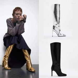Boots European en American Autumn Winter Gold Dames Fashion Square Head Knee High Catwalk Heels