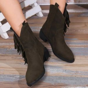 Boots European and American Retro Tassel Dames 2024 Winter Solid Color Dikke Heel Western Cowboy Short Zapatos de Mujer