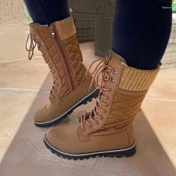 Botas europeas y americanas color sólido nieve otoño invierno mujer tubo medio tacón plano con cordones punta redonda corta