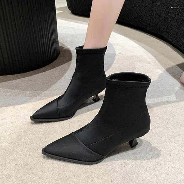 Bottes Style européen et américain court 2024 automne pointu élastique mince talon haut chaussure unique femmes Zapatos De Mujer