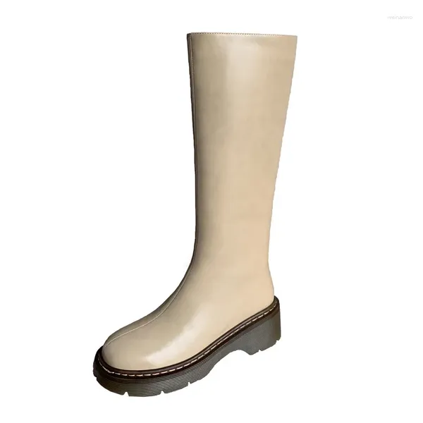 Botas Europeas Invierno Cuero Natural Nieve Cálida 22-24.5cm Una Piel Piel De Vaca Lana Hasta La Rodilla Cremallera Lateral Lana