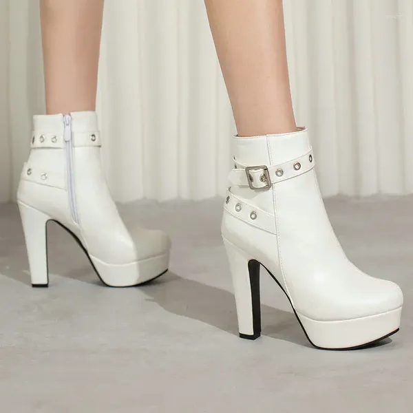 Botas talla Extra grande 48 49 50 zapatos de tacón blancos elegantes para mujer botines de aguja cálidos de invierno plataforma con punta redonda tacones altos modernos