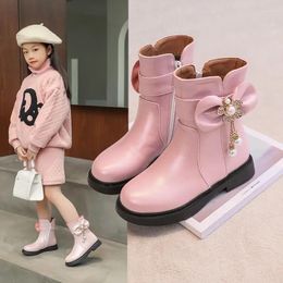 Bottes mode 2023 enfants hiver rose blanc noeud papillon filles douces chaussures lolita princesse talon bas cristal cheville bota enfants