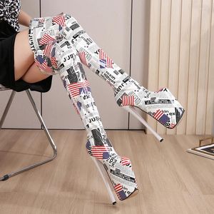 Bottes Mode 20 cm Talons Minces Sur La Plate-Forme Du Genou Unisexe Botas Mujer Dames Pompes USA Drapeau des États-Unis Imprimer Femmes Chaussures