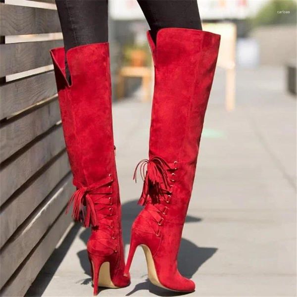 Botas Fashion Back Lace Up Knee de rodilla Alta Cross Roman Cross Tied Toe Winter Winter Shoes Woman Red Leede Long Women