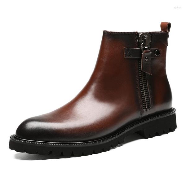 Bottes mode noir / marron bout rond chaussures de plate-forme hommes moto en cuir véritable cheville mâle