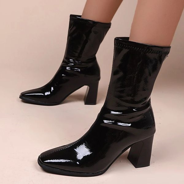 Botas de moda tacones negros botas de tobillo para mujeres botas cortas de cuero plisado