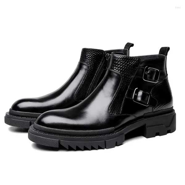 Bottes Mode Noir Plate-forme Chaussures Hommes Cheville En Cuir Véritable Mâle En Plein Air Casual Avec Double Boucle