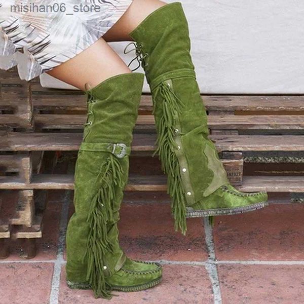 Botas Moda Bohemio Boho Rodilla Bota alta Mujeres étnicas Borla Fringe Faux Gamuza Cuero Hight Botas Mujer Chica Plana Botines largos Q231012