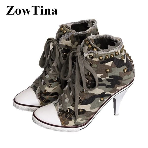 Boots Fashion Camouflage femmes Pumps de jean Pumps Lace Up Up High High Talons Ladies Espadrilles Chaussures rivets White Canvas Valentines Stiletto