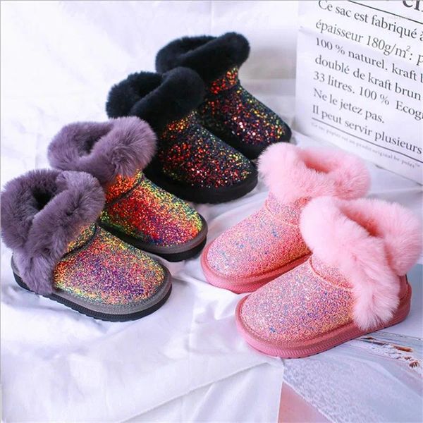 Boots mode coloré Bling Girls Boot de neige d'hiver pour chaussures robe avec des enfants fourrure pour tout-petit chaussure eu 21-37