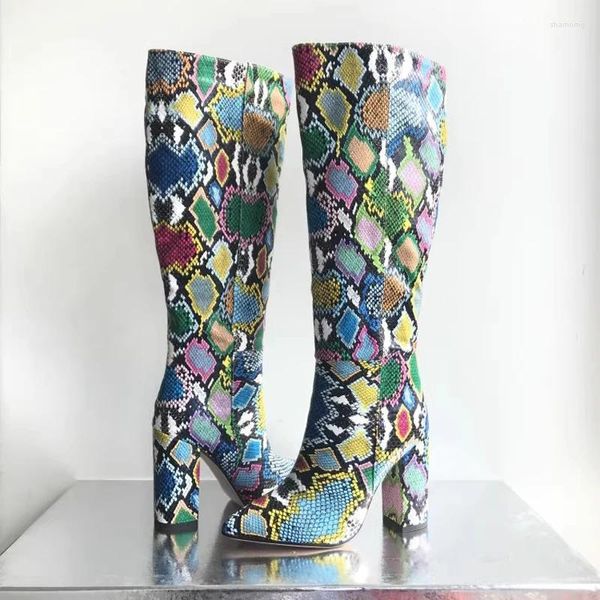 Bottes mode colorée en cuir python chunky talon genou pointu toe zipper bloc latérale talons hauts multicolors pour femme