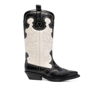 Botas Moda Vaquero Corto Balck y Blanco Color Mezclado Bordado Damas Caballero Sexy Punta Puntiaguda Mujeres Mid-Calf 231019