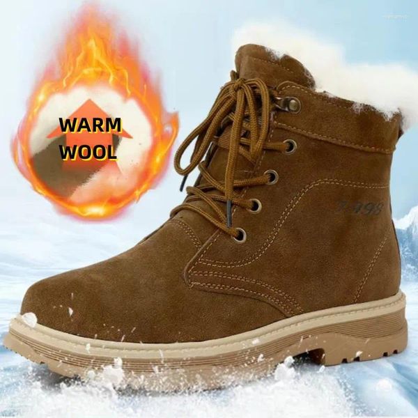 Botas Moda Cuero de vaca Impermeable Antideslizante Bota de nieve Cálida Piel de lana Espesar Zapatos de invierno de felpa Senderismo al aire libre Caminar Zapato para hombres