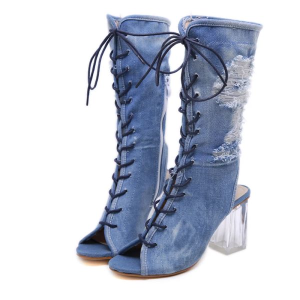 Bottes mode Denim Boots Boots Sandales Mestiales Transparent Crystal Talon Peep Bottes Automne Femmes Lace Up Chaussures