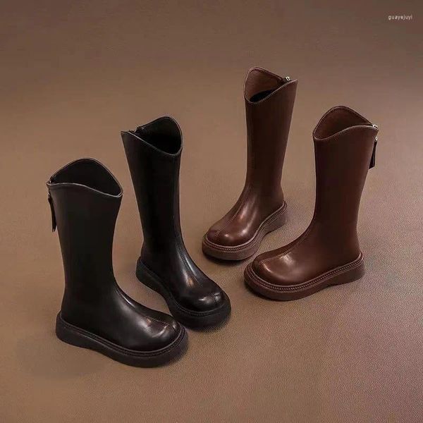 Bottes longues en cuir PU pour filles, bottes d'hiver épaisses avec nœud papillon, chaussures chaudes à bout rond pour enfants