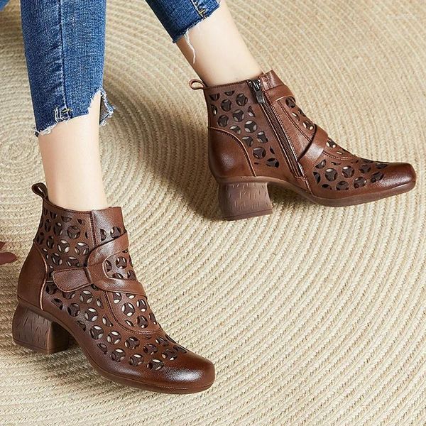 Botas moda hueca corta para mujeres verano agujero de cuero genuino tacón grueso fondo suave sandalias retro zapatos transpirables